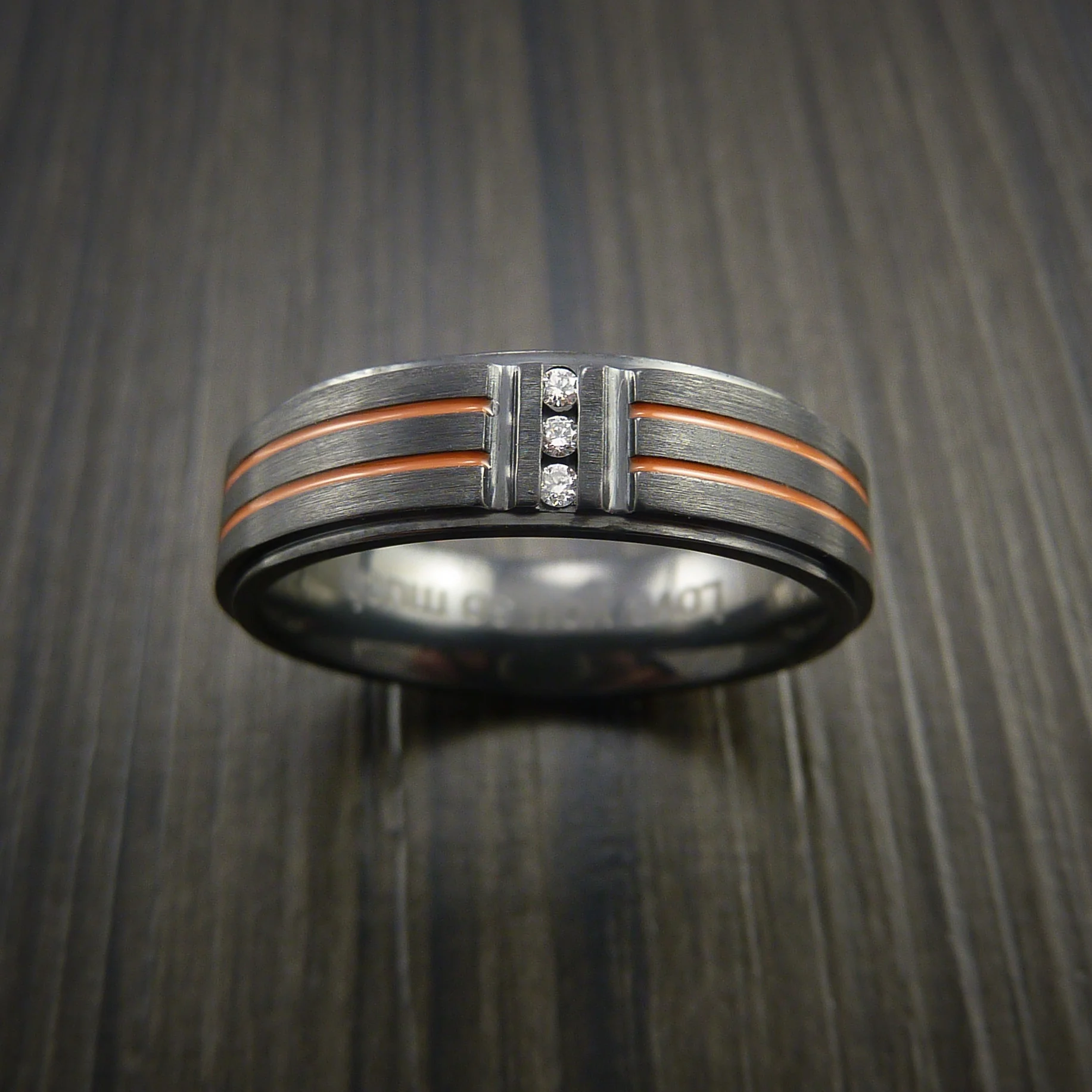 Black Zirconium and Three Diamond Men's Ring with Color Inlay - Image 3
