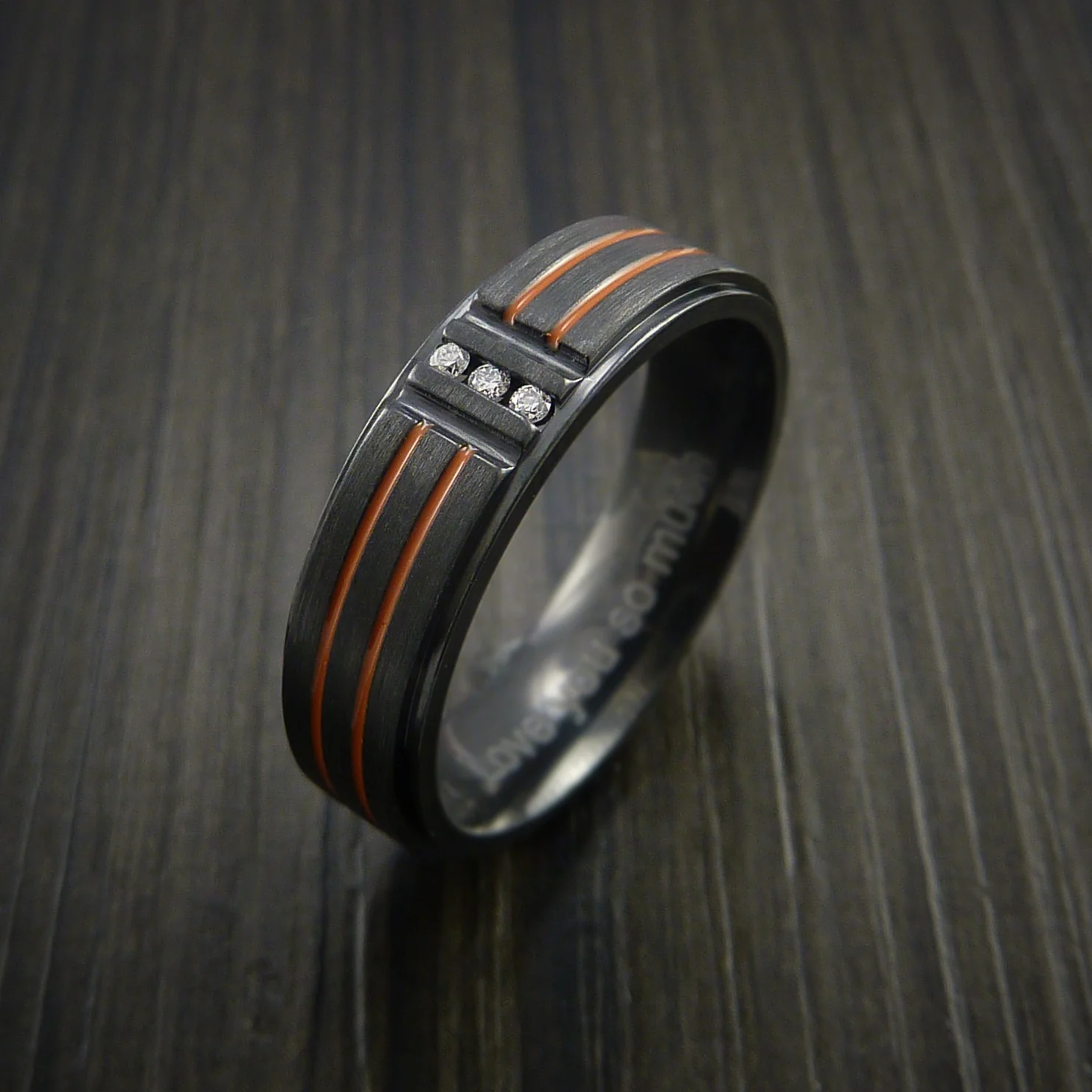 Black Zirconium and Three Diamond Men's Ring with Color Inlay - Image 4
