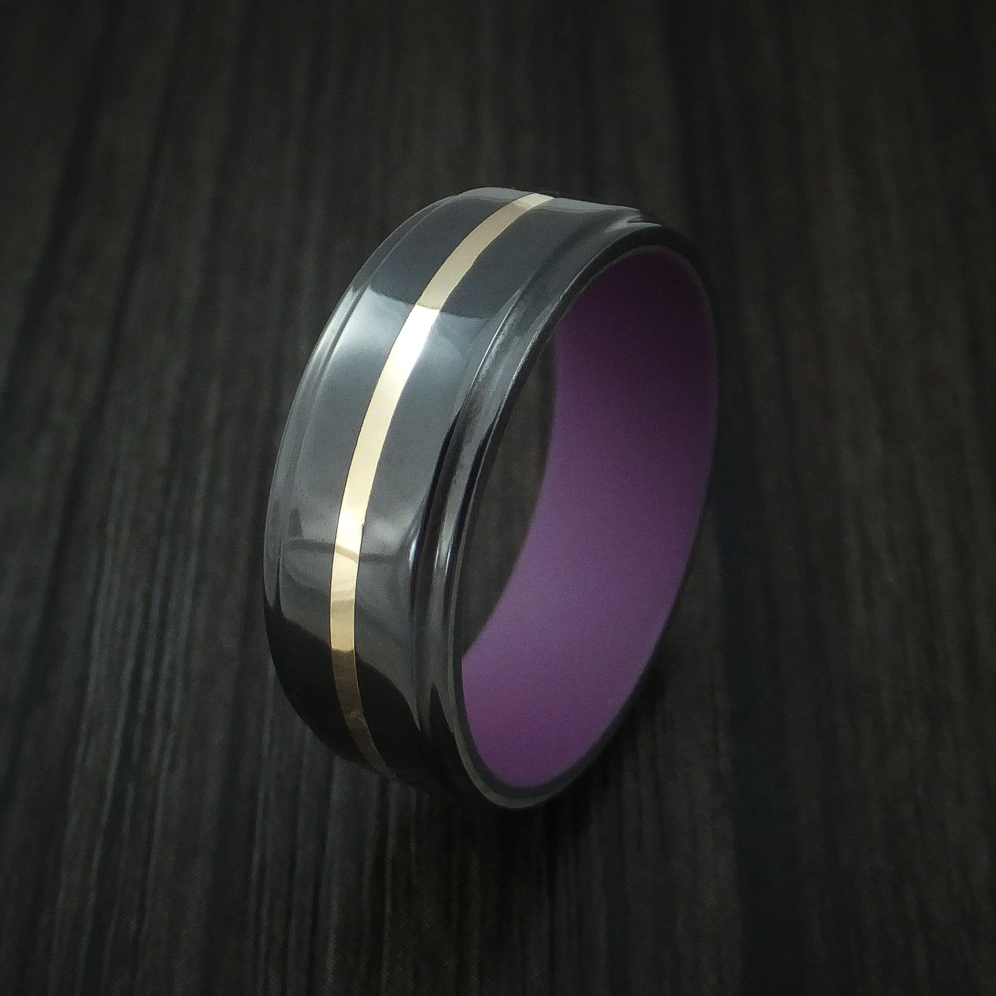 Black Zirconium with 14k Yellow Gold and Wild Purple Cerakote Sleeve Custom Made Men's Band - Image 4