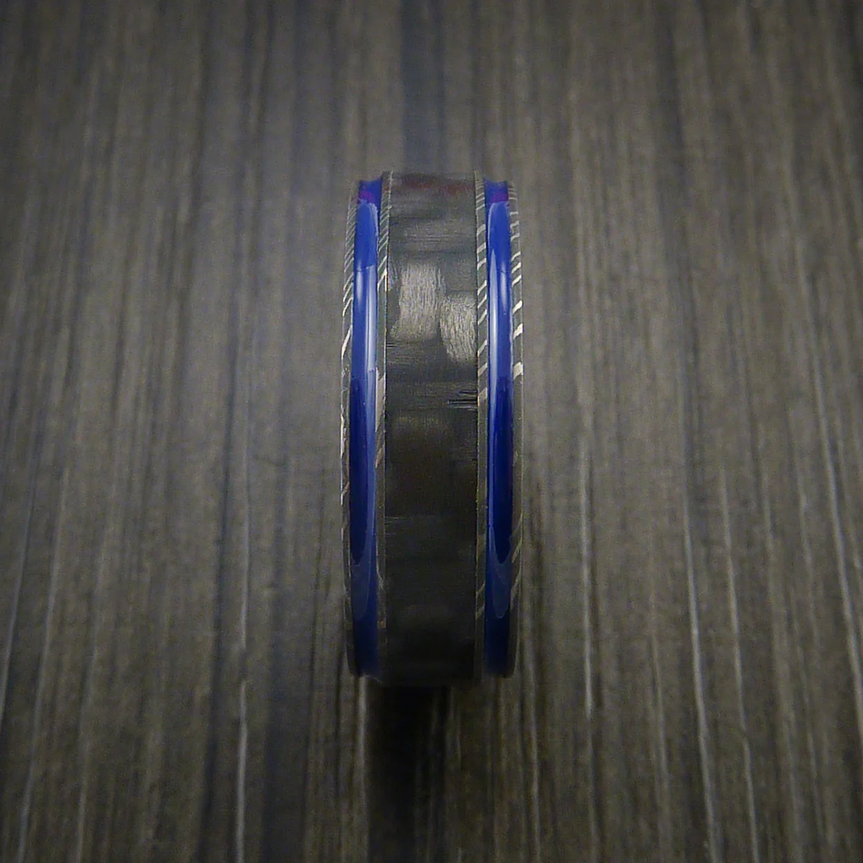 Damascus Steel Men's Ring with Carbon Fiber and Cerakote Inlays Custom Made Wedding Band - Image 3