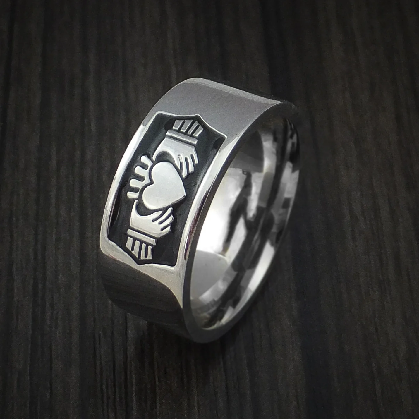Titanium Celtic Irish Claddagh Cerakote Men's Ring Hands Clasping a Heart Band Carved - Image 3