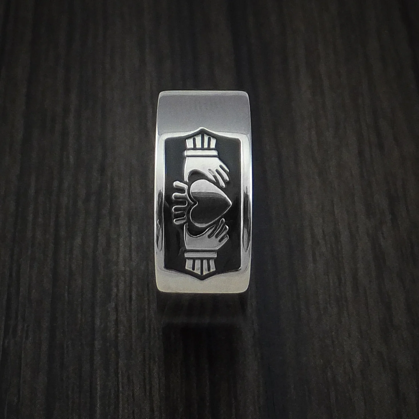 Titanium Celtic Irish Claddagh Cerakote Men's Ring Hands Clasping a Heart Band Carved - Image 4