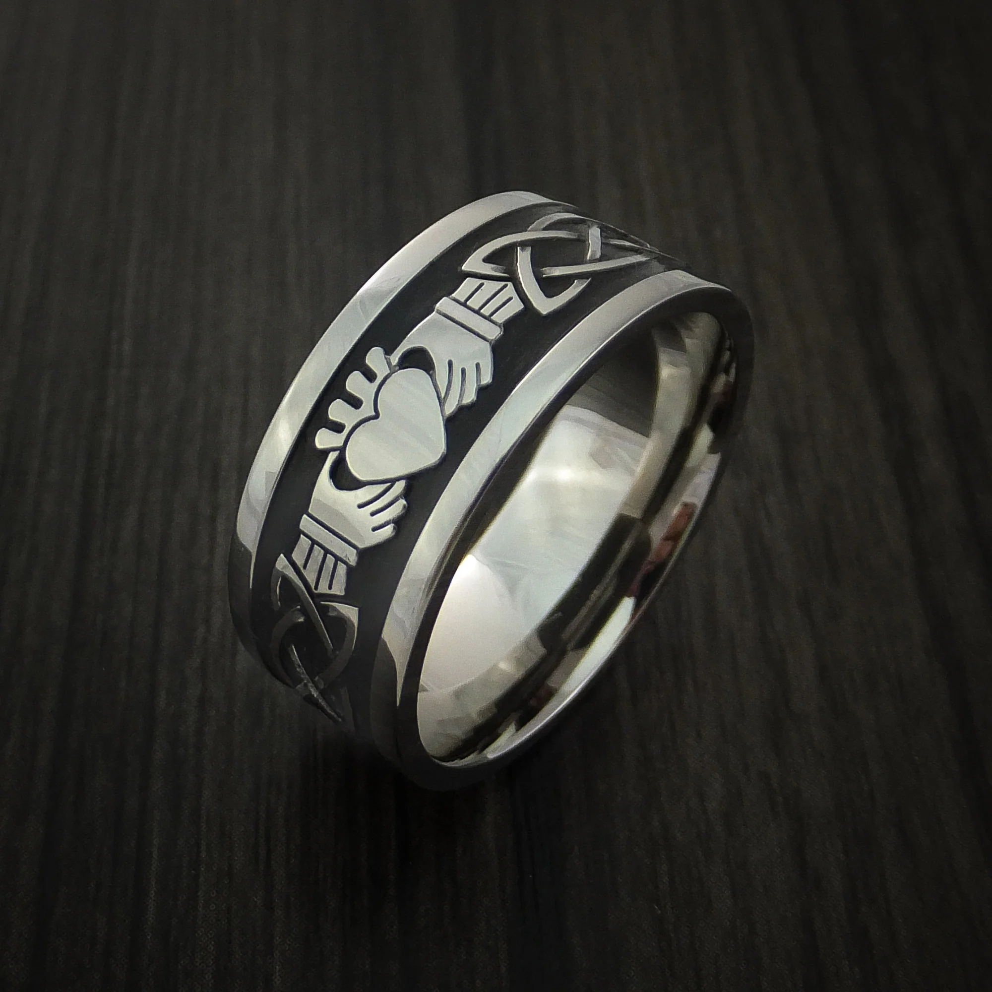 Titanium Celtic Irish Claddagh Men's Ring Hands Clasping a Heart Carved Cerakote Band - Image 5